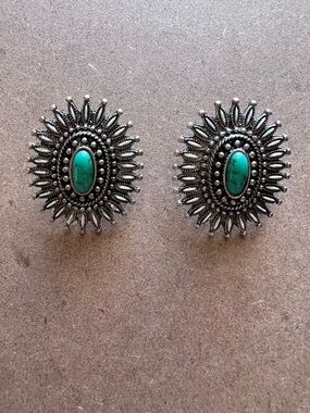 Vintage Style Turquoise Statement Earrings Boho Western Silver Tone Large